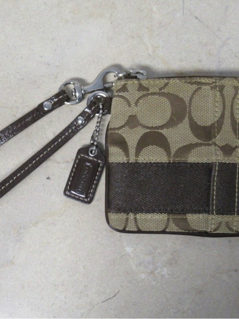 Coach Signature Stripe Wristlet Khaki Mahogany Brown Jacquard Leather Y2K